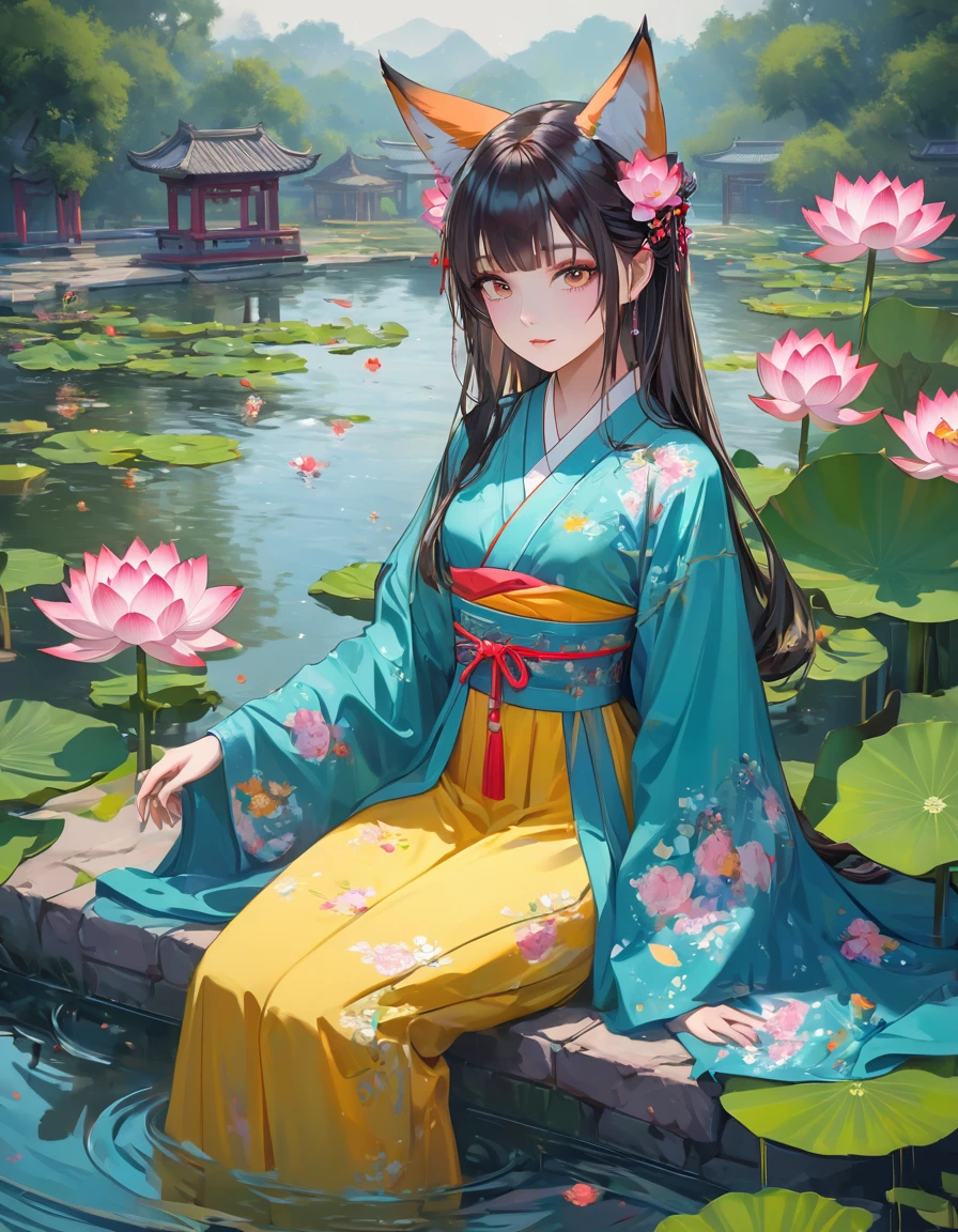 (Highest quality:1.2), Beautiful lo-fi minimalist vibe, Cute absurd, , in the style of unreal engine 5 art style, Glitter, Oil painting style art high resolution, Extremely detailed, (1 Girl:1.3), Hand Painted, Simple lines, wearing colorful Chinese Hanfu, Sexy fox ears girl, By the lotus pond, masterpiece, sitting in water, Floating clothes, Flowing hairLight bokeh, (best quality,4k,8k,highres,masterpiece:1.2),ultra-detailed,(realistic,photorealistic,photo-r