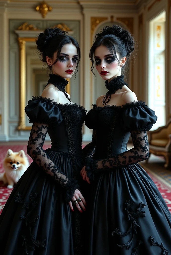 Girls in black Gothic Renaissance dresses with very heavy makeup in a castle with roccoco details and two colored Pomeranians with touches of terror