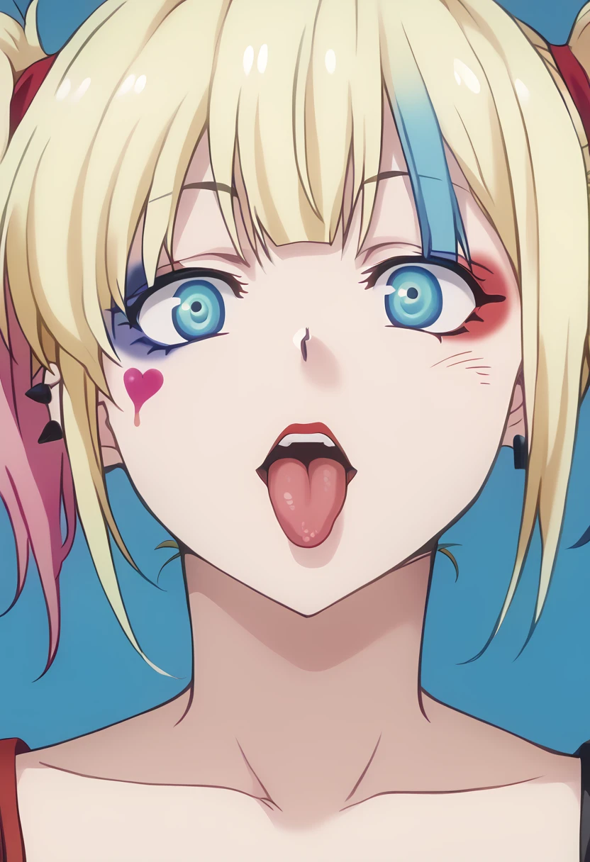 score_9, score_8_up, score_7_up, source_anime, harley quinn,blue eyes,twintails,multicolored hair,blonde hair, v, tongue out, portrait, close-up,
