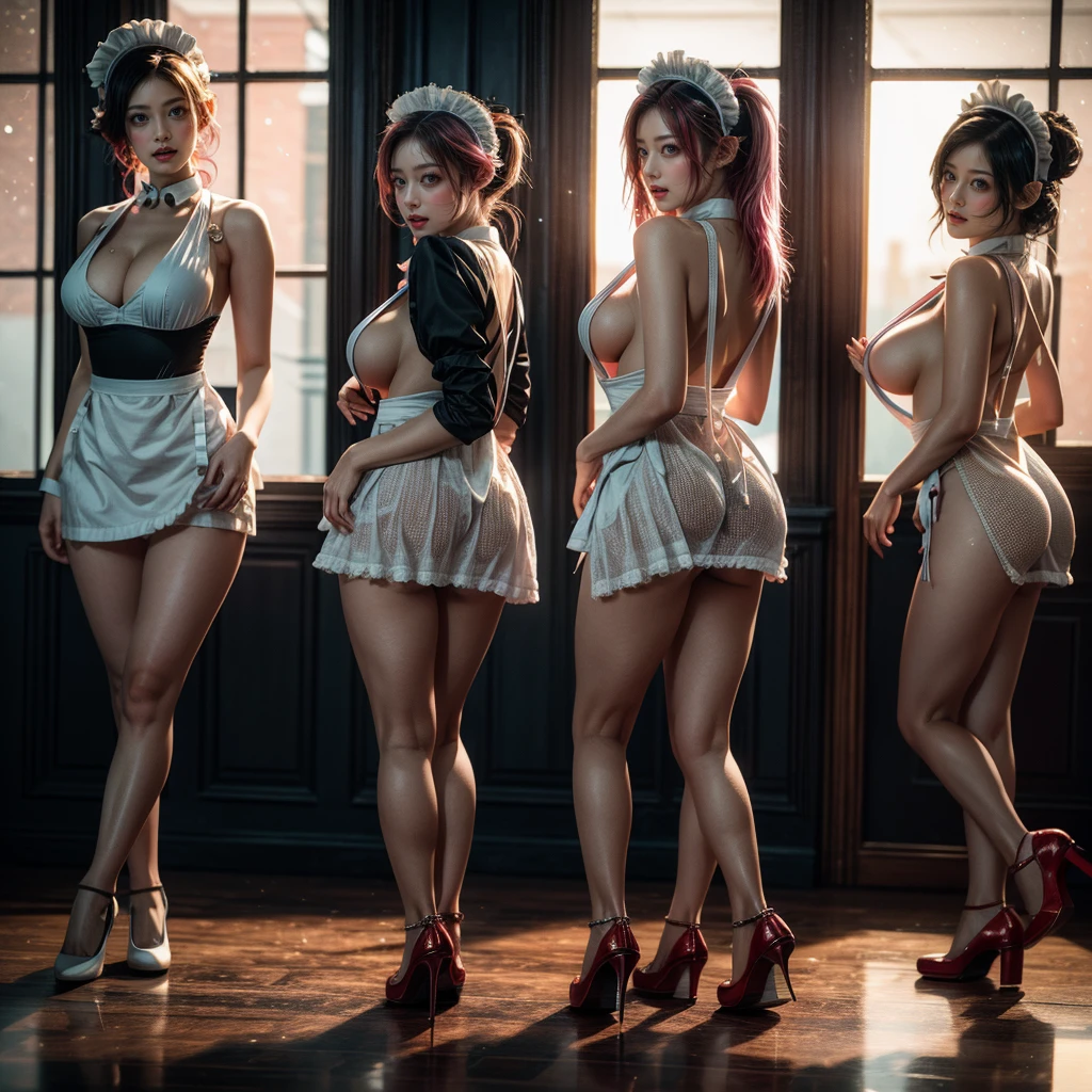 (Full Body of Extremely Detailed((Sexy Maid Group in a row:1.37))), KAWAII perfect face with Reflective Eyes, Detailed(Delicate Clothing textures), Correct Graceful Legs, Dynamic Joyful Expressions LifeLike Rendering, Specular Reflection, TopQuality 8K Ultra-detailed masterpiece (ProfessionalPhoto:1.37), (Acutance:0.8), (Luminism:1.28), Renaissance art style, Colorful Light particles, (Full body from side) {MicroMini Skirt|Kissing Face to Face|Thigh Gap|Cute Peach AssFocus|(NakedApron with (Overflowing Sideboob))}, Radiant Fine Skin with Transparency, (Exposed:0.4) {Pink Hair|LightBlue Hair|Blonde|Pure White Hair|Liquid Hair|Red Shoes}, Perfect Lighting