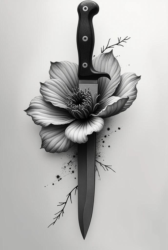 get a black and white tattoo of a knife going through a flower, add lots of shading