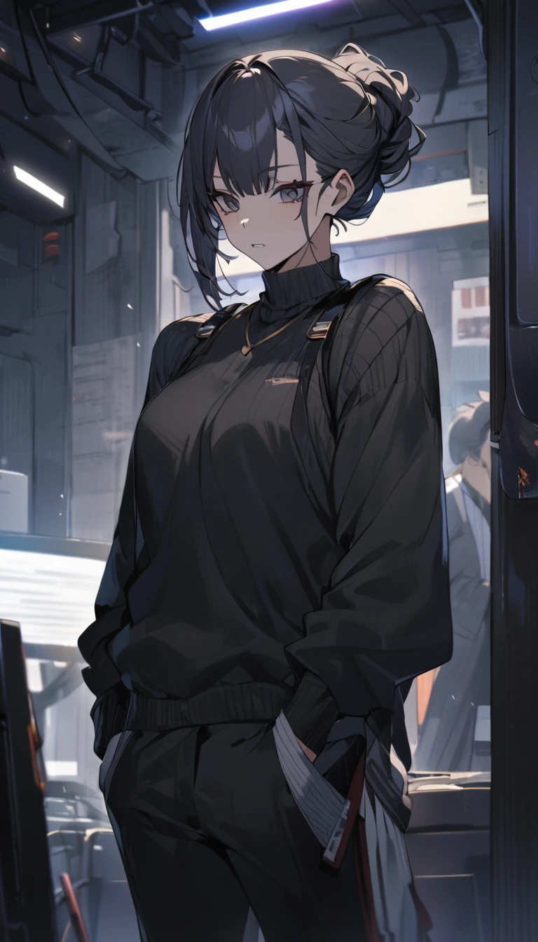 (detailed), (((normal guy))), (Arabic characteristics), ((grey wool jacket)), ((black fur rizado Ponytail hairstyle)), ((Ponytail hairstyle)), (calm face), ((by the width)), ((Brown boots)), (((whole body))), ((In a cyberpunk room)), ((male)), (gray turtleneck sweater), ((only one person)), (at night), terror, ((Brown eyes)), In the dark, ((black fur)), (((succubus tail)))