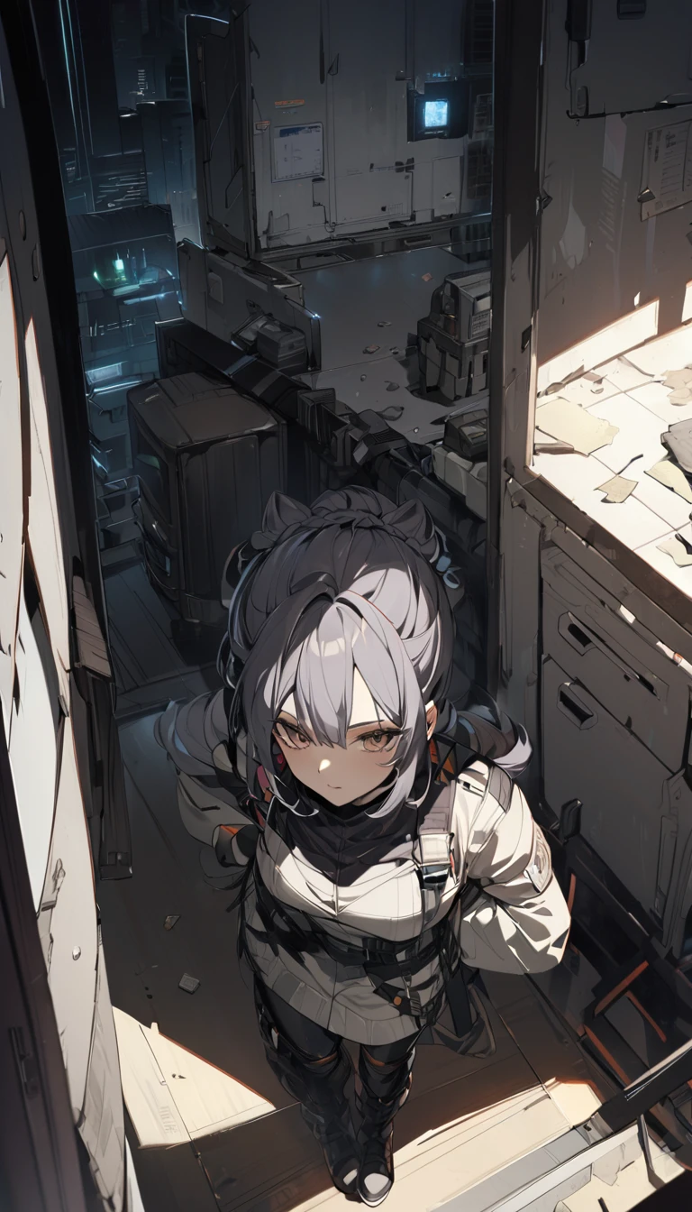 (detailed), (((normal guy))), (Arabic characteristics), ((grey wool jacket)), ((black fur rizado Ponytail hairstyle)), ((Ponytail hairstyle)), (calm face), ((by the width)), ((Brown boots)), (((whole body))), ((In a cyberpunk room)), ((male)), (gray turtleneck sweater), ((only one person)), (at night), terror, ((Brown eyes)), In the dark, ((black fur)), (((succubus tail))) 