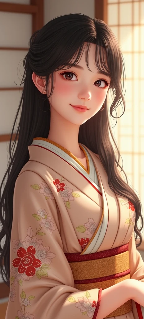 Angela wearing kimono sweet smile