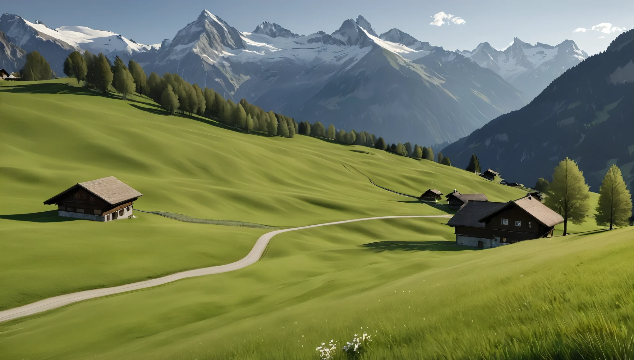 Alpine Village,Switzerland, Grasslands rich in nature, the way, spring, Daytime, (Highest quality,4K,8k,High resolution,masterpiece:1.2),Very detailed,(Realistic,photoRealistic,photo-Realistic:1.37),High resolution,超High resolution,Studio Lighting,Vibrant colors,Professional