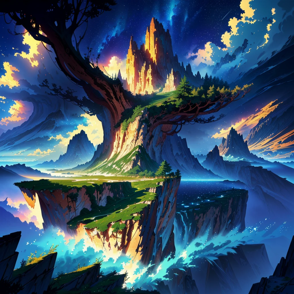 there is a picture of a mountain with a lake in it, 4k highly detailed digital art, floating mountains, 4k detailed digital art, detailed scenery —width 672, 4 k hd wallpaper very detailed, beautiful detailed pixel art, detailed dreamscape, island floating in the sky, 8k high quality detailed art, floating island in the sky, incredibly high detailed, makoto shinkai cyril rolando, cyril rolando and goro fujita, amazing wallpaper, island floating in the sky, dream scenery art, inspired by Cyril Rolando, cyril rolando and m.w kaluta, cyril rolando and m. w kaluta