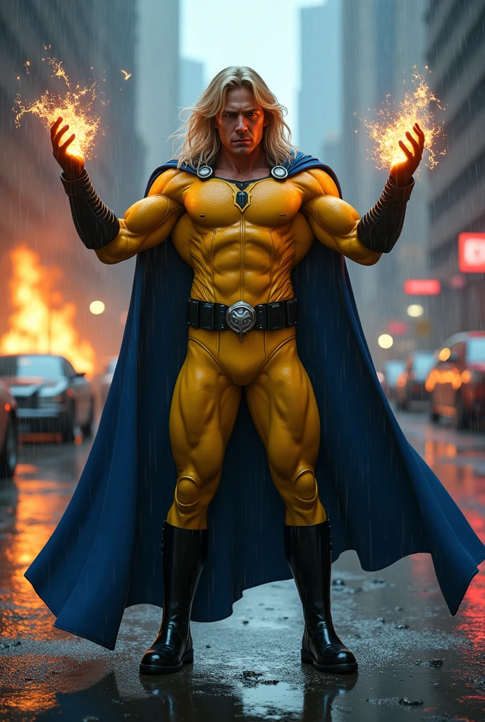A man with long blond hair wearing a yellow leather jumpsuit yellow corset over his jumpsuit blue cape black boots and gloves long boots up to his knees wide black gym belt in a dark apocalyptic rainy city cars and buildings on fire magic in his hands knees screaming exhausted after an extensive battle magic in his hands blue cape (((Marvel's Sentry lookout logo on his suit)))