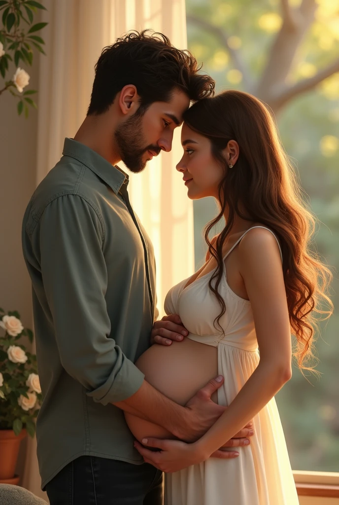 Pregnant woman with brown hair and brown eyes next to her husband with black hair and green eyes 