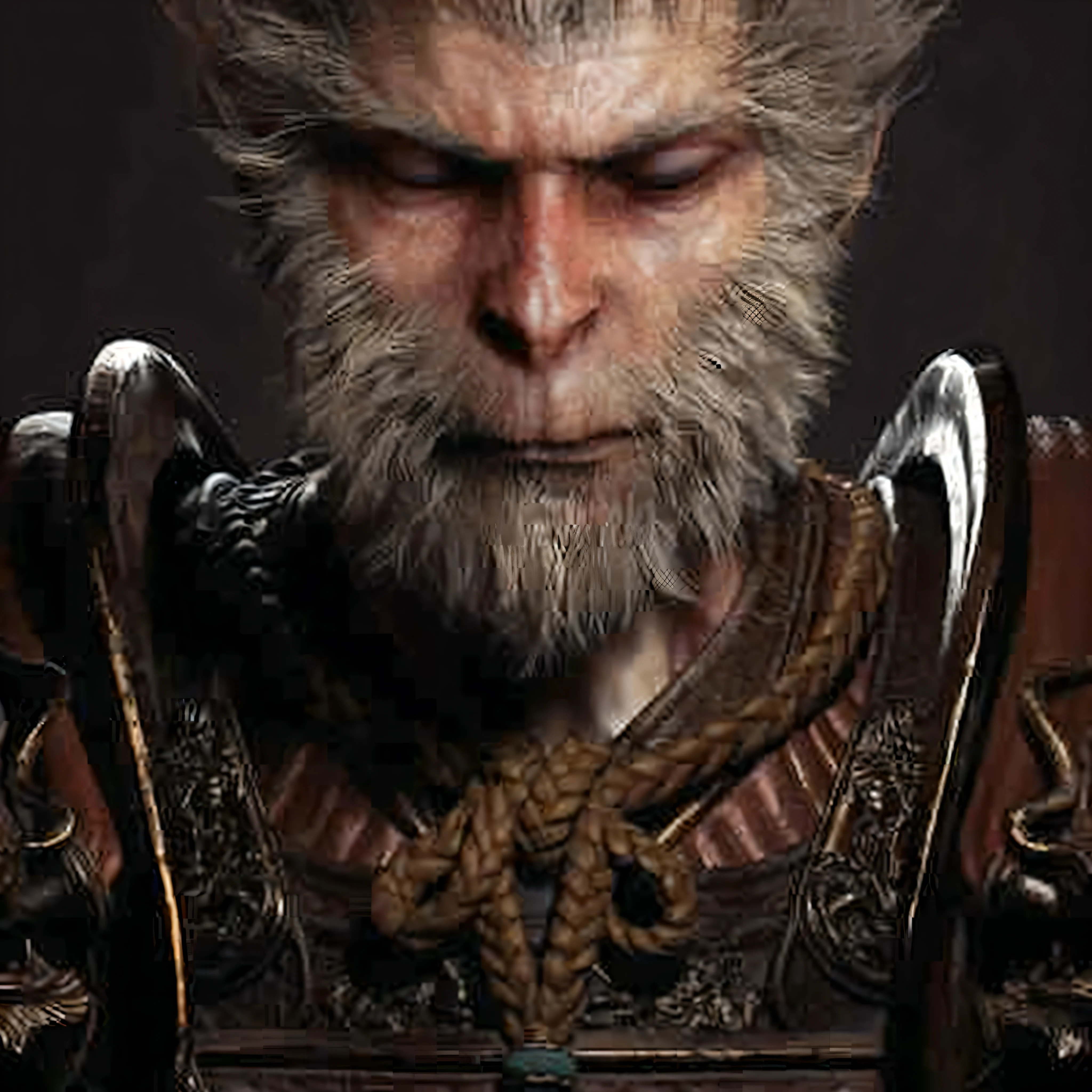 a close up of a drawing of a man with a beard, Marmoset Rendering, wukong, sun wukong, Humanoid monkey fantasy race, 3D ape-man shaman profile portrait, Unreal Engine Character Art, highly detailed cgsociety, Surrealist Concept Art, Square Enix Movie Art, Surrealist Concept Art, Surrealist Concept Art