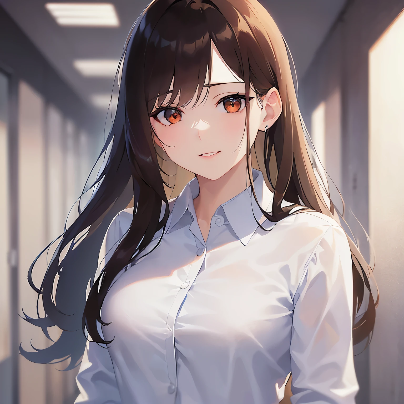(looking at viewer:1.5)Upper Body,
Realistic, real person, (pale skin: 1.2), RAW photo, photorealistic, shiny skin, shiny hair、(A 25-year-old woman with medium-length hair and bangs) and (wavy hair) and (brown hair) and (orange eyes) ,
(Wearing a business suit:1.5) and (Wearing a white collared shirt)、
smile, The background is an office hallway、Alone、Are standing、
