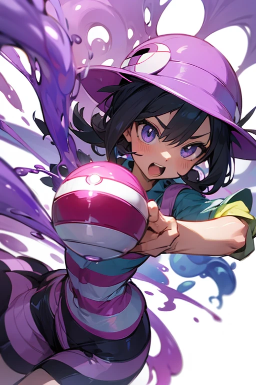Purple slime pouring down、Striped Pokémon trainer holding a Pokéball