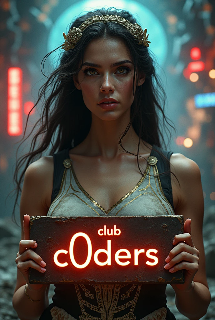 a greek goddess named Athena holding a sign that says "Club αC0ders", intricate detailed portrait, highly detailed, 8k, hyperrealistic, volumetric lighting, dramatic cinematic lighting, dramatic lighting, digital art, concept art, artstation, by artgerm and greg rutkowski and lois van baarle, elegant, beautiful, detailed eyes, detailed lips, extremely detailed face, long eyelashes, flowing hair, ornate armor, mythological figure, computer programming, futuristic background, neon lights, glowing neon, sci-fi elements, complex background, intricate details, photorealistic, masterpiece, best quality