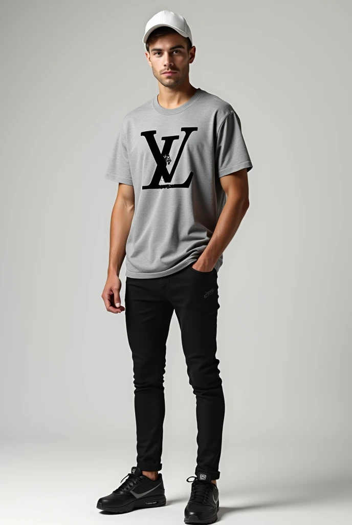 Realistic image of a young white man, Louis Vuitton grey shirt with melted effect logo, all white cap with curved brim, black jeans and black Nike sneakers.
