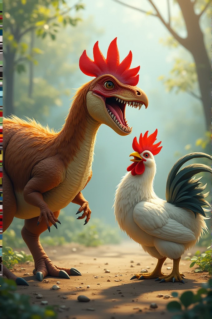 Create a dinosaur fighting a chicken 
