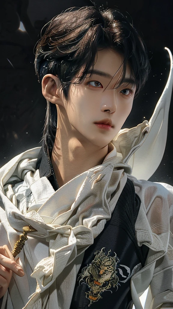 best quality,masterpiece,Ultra-high resolution,photoactual:4:0,Yamagishi,white dragon tiger beast,Teacher spirit,Handsome and handsome,oriental man,long hair shawl,Perfect body,Wearing dragon and tiger jersey,