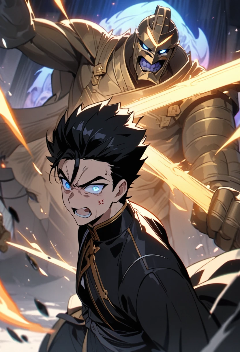 Masterpiece, High quality, Portrait, anime style, man, boy, angry face, Severe attack, อ้าปากจากAnger, Anger, glowing eyes, ผู้manอนิเมะตัวสูงที่มีตาสีฟ้า, black short hair, ((blue eyes)),Quiff Hairstyles, ((short black hair)), [Thick eyebrows], Palm Power,Chinese martial arts , ((black long coat)), ((all black)),Silver veil edge, (blue eyes) , handsome , Facial expressions, black knight armor , black fur shawl(Masterpiece,best quality,special, (Broad shoulders)) (muscle), Set up an attack, attack, There is an injury. , The background is a battlefield. , black light, Yellow flame,The giant golden Buddha statue is behind.((backdrop)), Eighteen Conquering Dragon Palms, Palm attack ,