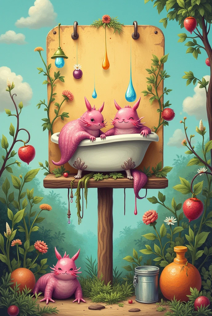 A sign with axolotls for bathing, organic and inorganic garbage cans, inputs and outputs