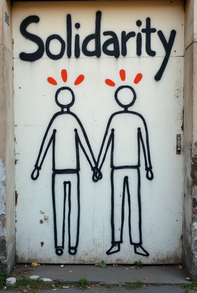 A mural on the theme of solidarity with very simple representative drawings and at the top the word solidarity, the whole mural in the most street style possible., remember very very simple and easy drawings, maximum two people 