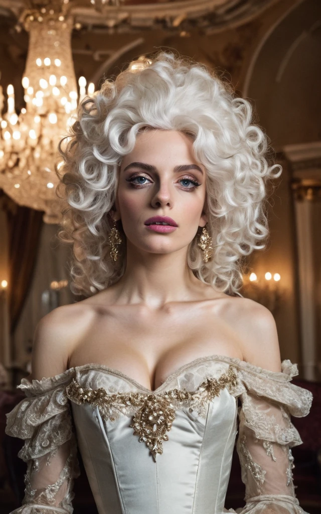 cinematic photo, gorgeous Georgian era woman, bare shoulders, head held high, grand elaborate white powdered wig, towering wig with curls and waves, delicate ornaments, well-defined eyebrows, subtle rouge cheeks and kohl, delicate lace ruffle, silk skirt. lavish Georgian ballroom, crystal chandeliers, gilded furnishings. 35mm photograph, film, bokeh, professional, 4k, highly detailed