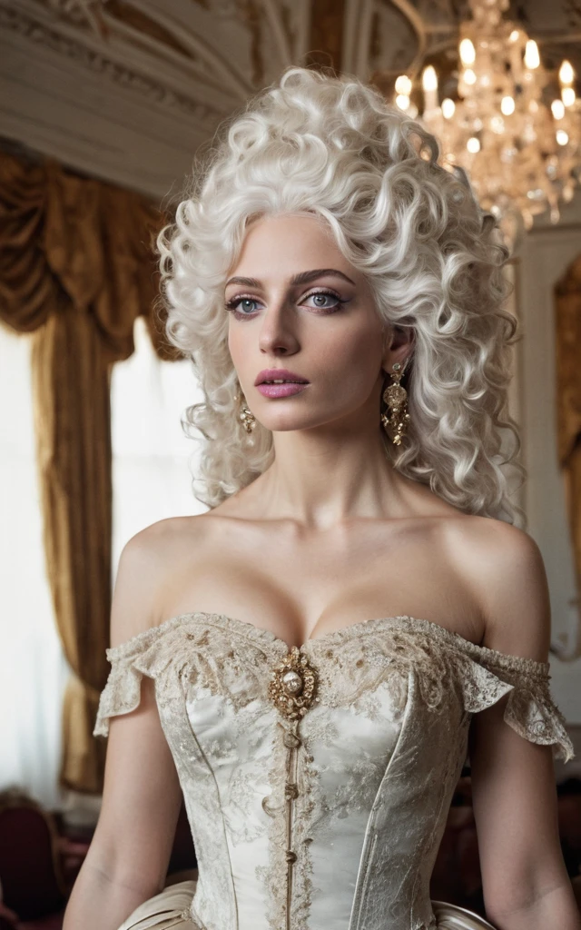 cinematic photo, gorgeous Georgian era woman, bare shoulders, head held high, grand elaborate white powdered wig, towering wig with curls and waves, delicate ornaments, well-defined eyebrows, subtle rouge cheeks and kohl, delicate lace ruffle, silk skirt. lavish Georgian ballroom, crystal chandeliers, gilded furnishings. 35mm photograph, film, bokeh, professional, 4k, highly detailed