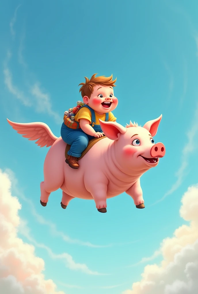 A fat boy is riding a pig flying in the sky.