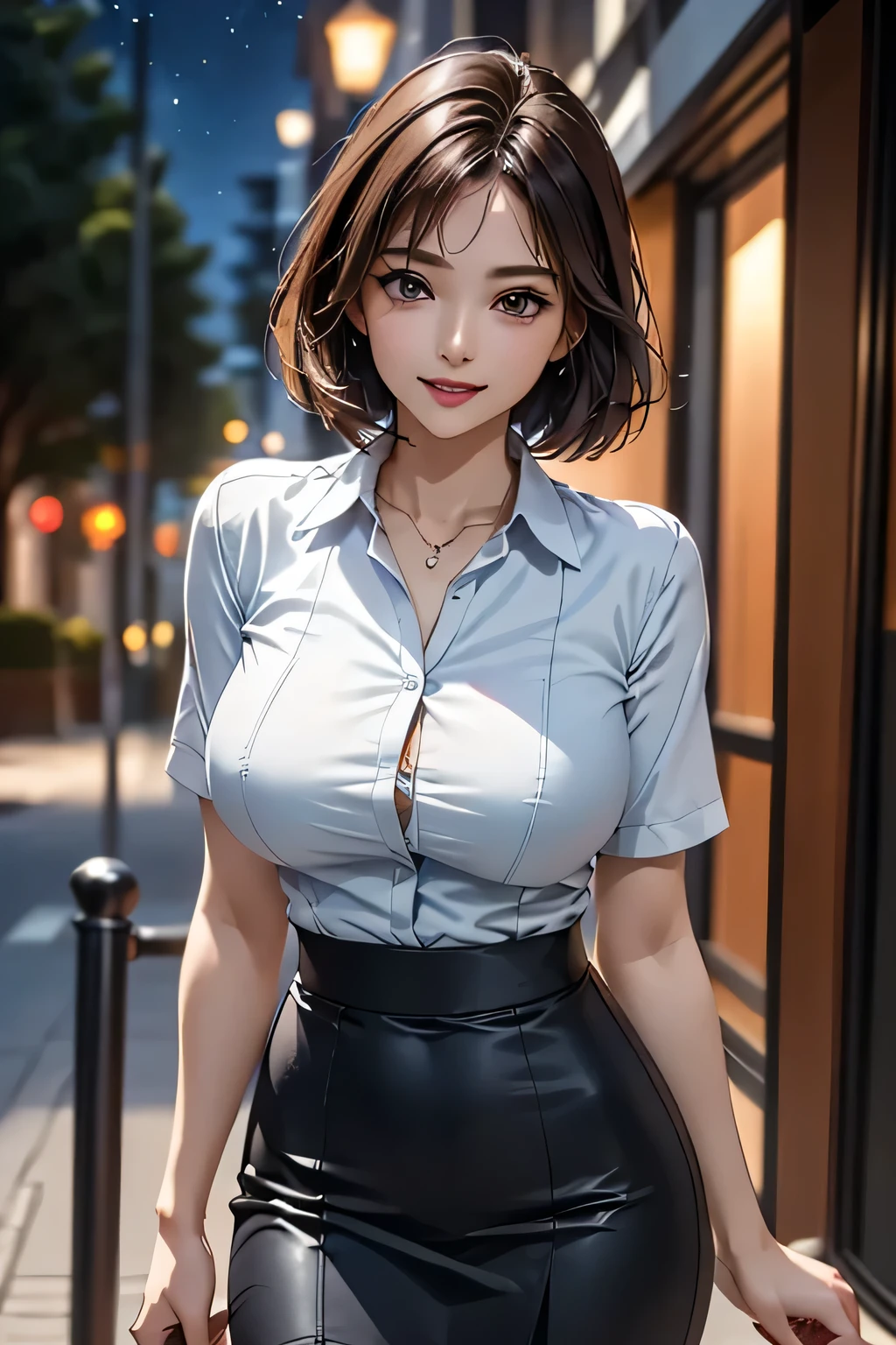 (1 Beauty), beautiful, Great face and eyes, cosmetics, (Extremely delicate beautiful face), (Sexiest Looks), (beautiful big breasts:1.1), (Highest quality:1.4), (Super detailed), (Very detailed CG synthesis 8k wallpaper), Very detailed, Original photo, Professional photography, ((suit)), (Tight Skirt), (Open collar business shirt), Outdoor, ((Night Forest)), (Night Sky), Depth of written boundary