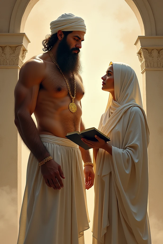man strong, hairy and bearded, standing, in white underwear, with an Islamic skullcap on their head, a golden scapular around his neck and a holy book in his hand. Next to an evangelical woman in a dress.
