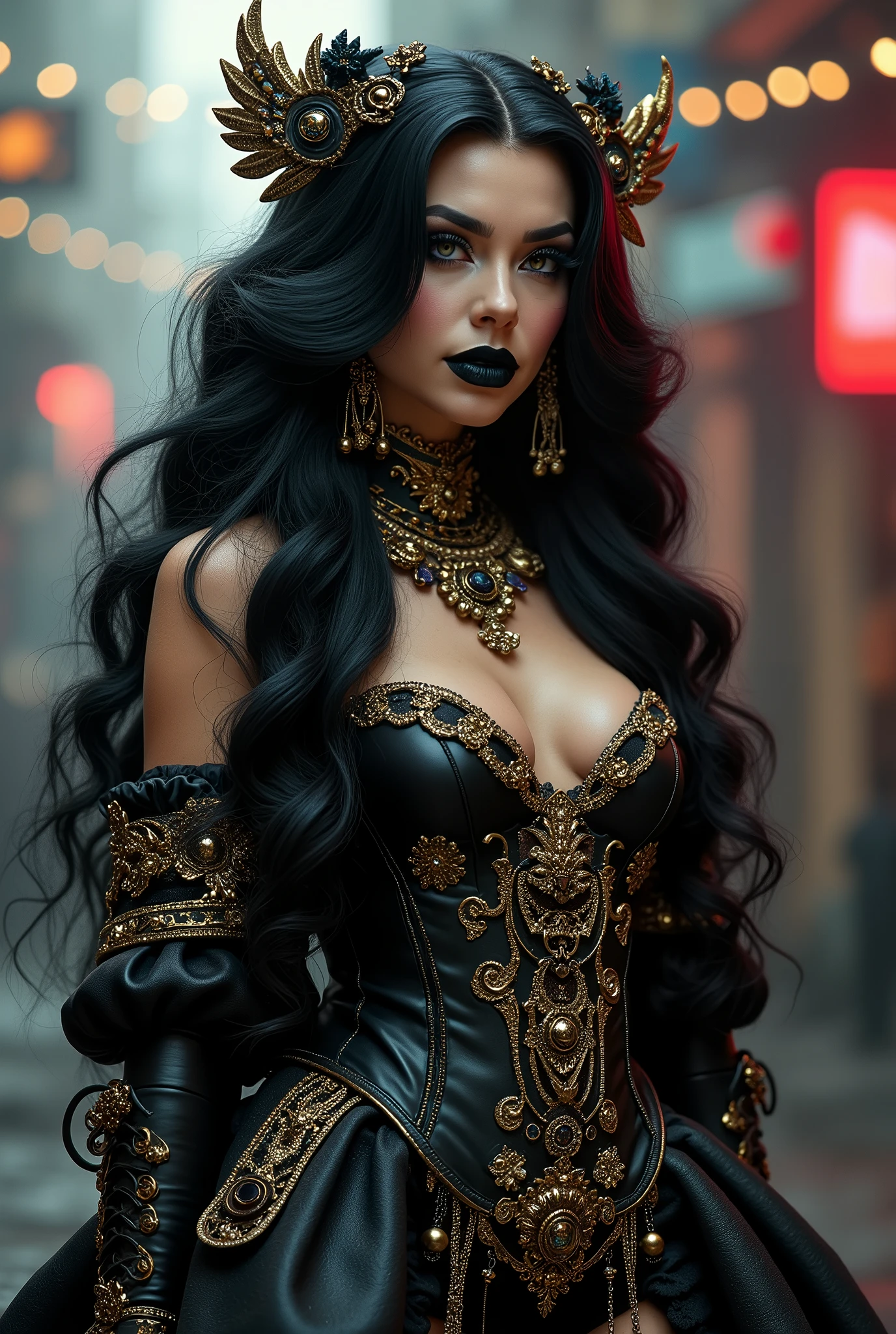 full body Dragqueen in rococo punk costume wearing rococo punk outfit, black long hair, black eyes, black lipstick lips,g rococo punk fantasy style, (rock punk), rock punk beautiful goddess, rock punk girl, rock punk inventor girl, metal rock punk, Set in a rock punk world, dark rock punk concept