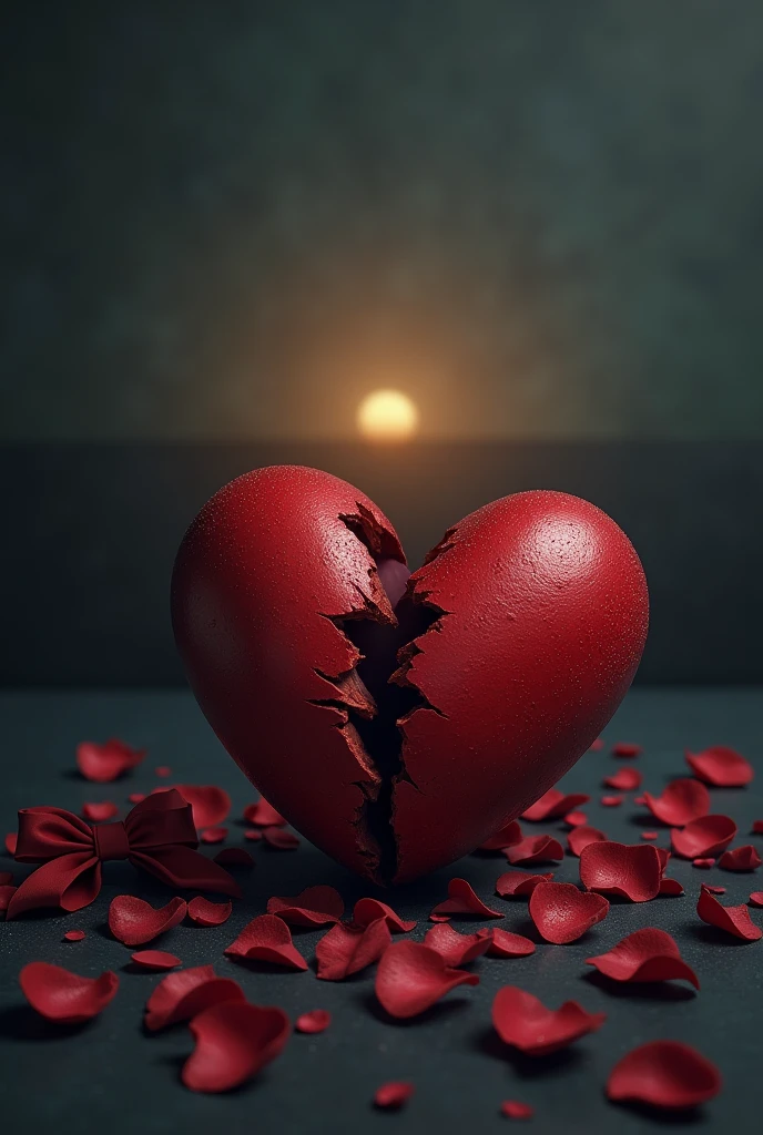 image of a broken heart with an untied bow, surrounded by withered petals, representing the fragility of love. the background is dark, with a slight golden glow on the horizon, symbolizing the hope of a new beginning.