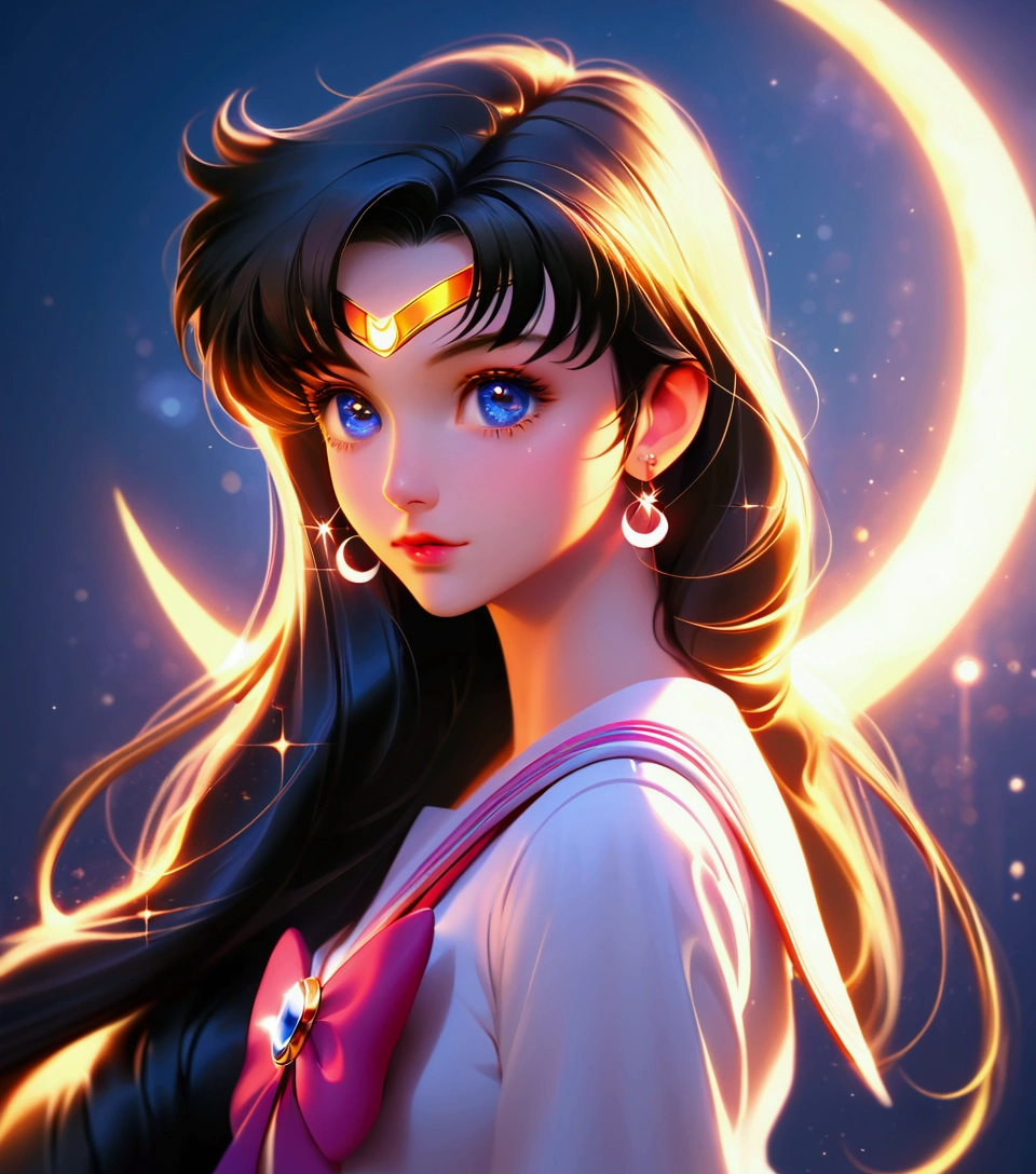 (Highest quality:1.2), Beautiful lo-fi minimalist vibe, Cute, A beautiful anime girl with long hair, big eyes, small nose and cute lips, sailor moon uniform, standing on a crescent moon, glowing blue crystal, detailed digital art, cinematic lighting, vibrant colors, fantasy, concept art, 8k, high quality, hyper detailed, Light bokeh, Soft colors, Sparkling, Dynamic Side Angle, Natural soft lighting, 8k resolution, shape, pastel four colors,
