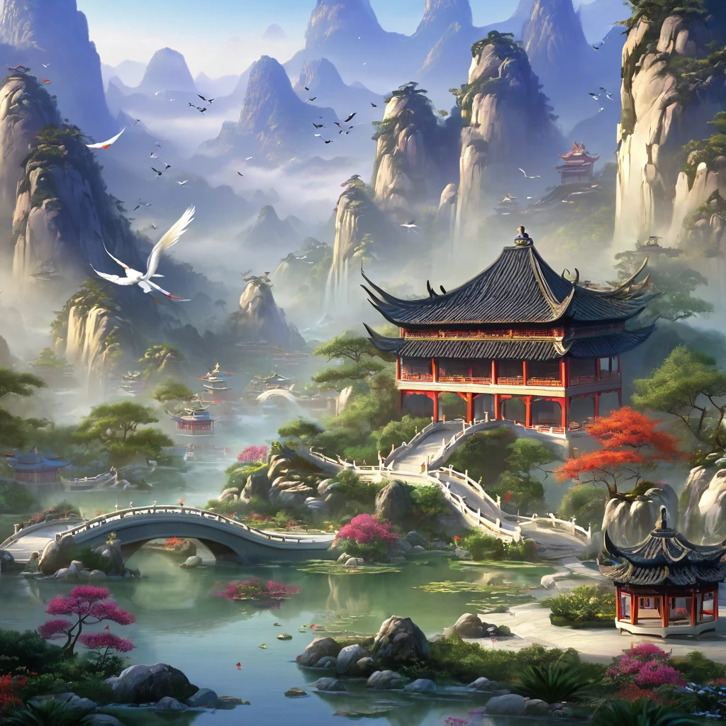 Chinese garden surrounded by mountains,garden, masterpiece, full-body shot, plant, Chinese pavilions, Spectacular bird's eye view,Aerial View