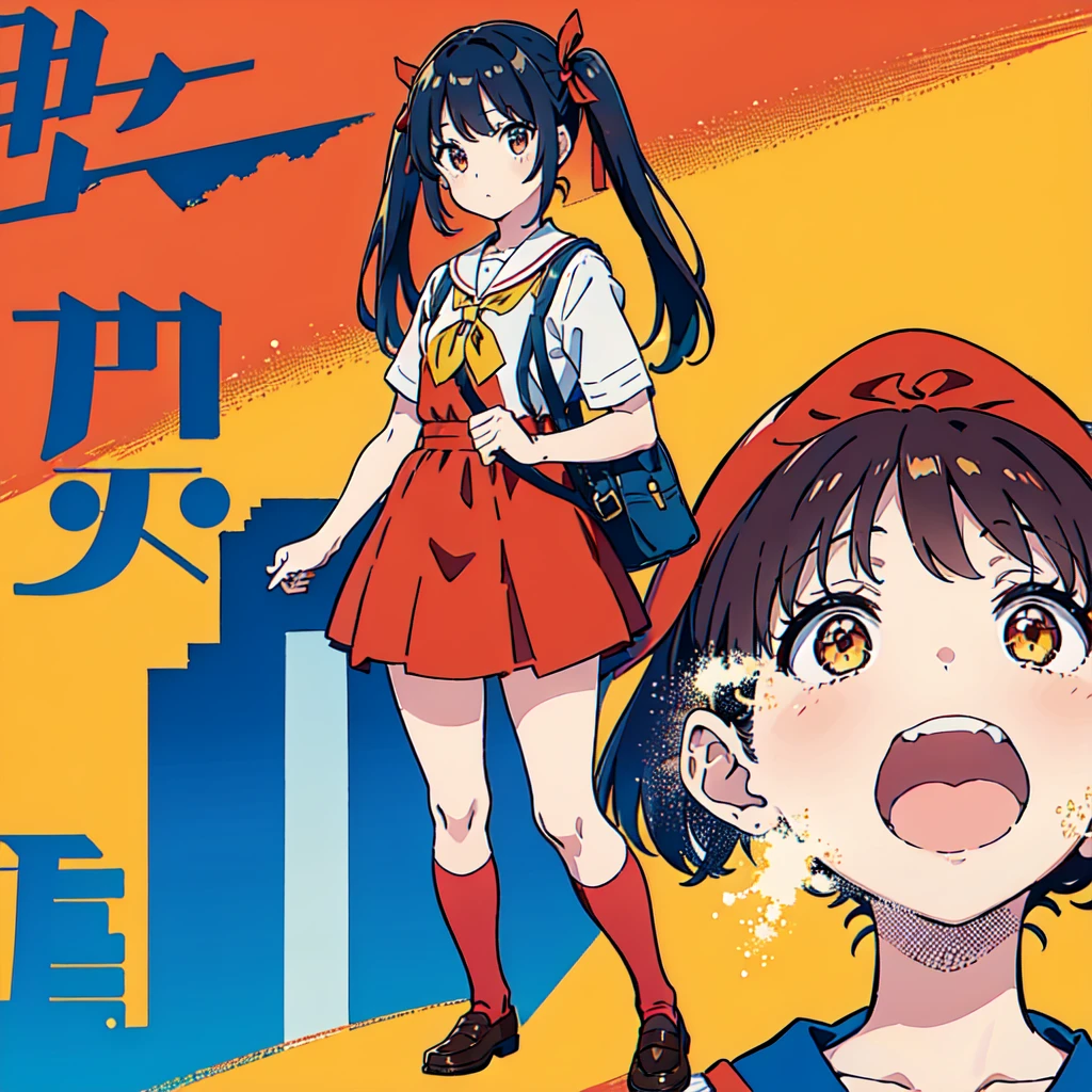 1girl,The best composition、Highest quality、Masterpiece、Twin tails、Landscape、skip、強風にあおられた小学生のが前に進めずTwin tailsがオールバックになっている、Red dress、Shiori high socks、Brown Loafers、Red School Bag、Primary yellow background、