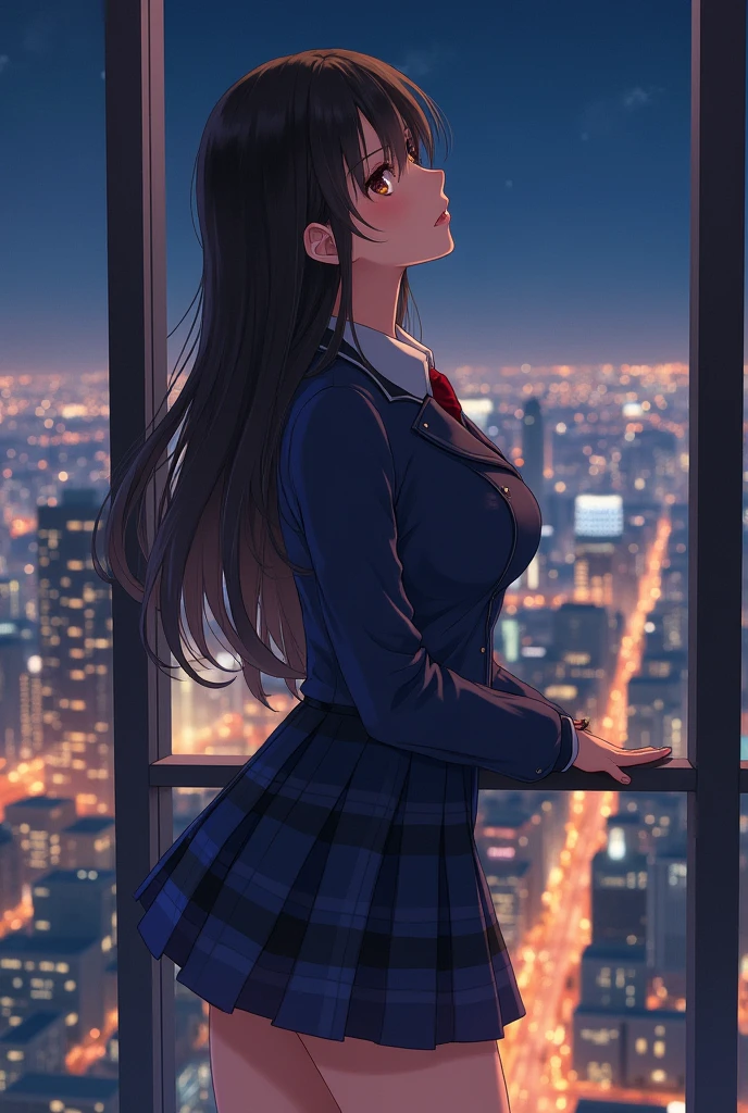 Real Japanese、high school girl、uniform、Beauty、Looking up、Nipples erect、Short skirt、Top floor of a luxury hotel、Night view、Round and large breasts