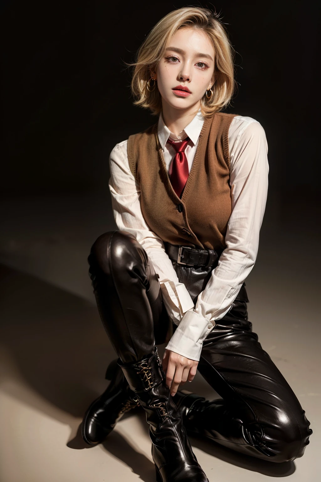 (RAW shooting, Photoreal:1.5, 8k, highest quality, masterpiece, ultra high resolution), perfect dynamic composition:1.2, Highly detailed skin and facial textures:1.2,beautiful and aesthetic:1.2, full body, Fair skin, (large breast:1.4), (perfect limbs:1.2), (perfect fingers:1.2),(caucasian,1girl,earrings,makeup, tall,short blonde hair,brown vest,tight white shirt,long sleeves,long necktie,fingerless gloves,belt,tight black long pants,perfect thigh,black ankle boots),(simple background:1),