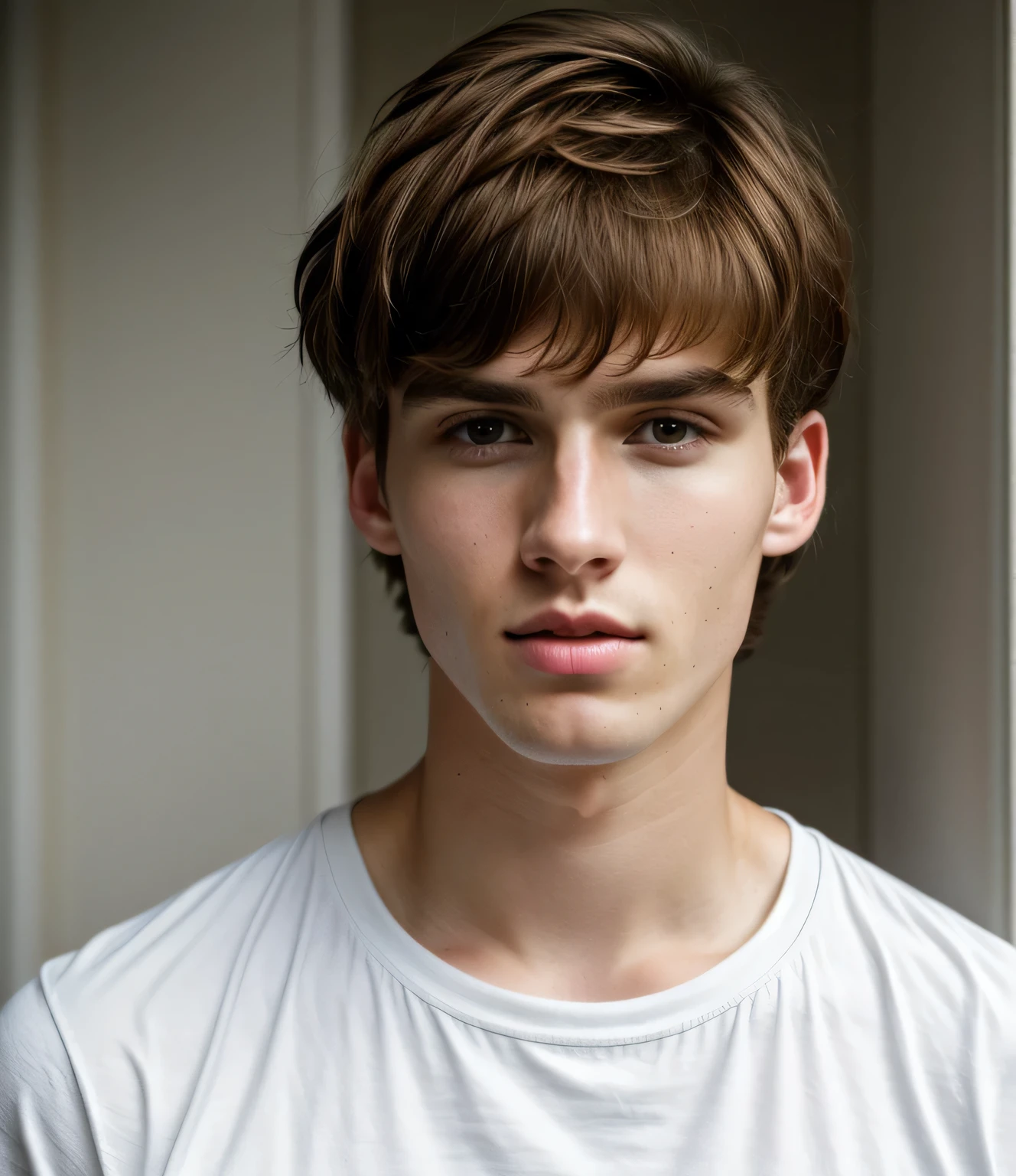 ultra-high-resolution 8K, best quality, (photo realistic:1.4), fashion model, man, 22years old, caucasian, fair skin with detailed and realistic skin texture, ((short hair, brown hair, center part hairstyle)), closed mouth, wearing white no-sleeve top, exuding the vibe of a fashion model with a neutral, serious expression, facing viewer, looking up, (upper body), detailed hair, epiC35mm