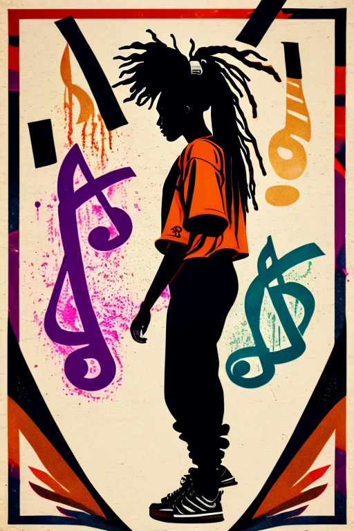 A background filled with scattered musical notes in various sizes and colors、

Creative logo illustration of a silhouette with dreadlocks and red headphones, 

A background completely filled with scattered musical notes in various sizes and colors, covering the entire screen.

beautiful girl colorful image

Dance hiphop Dance CREW  Waacking Dance

Punking 

black medium hair black medium hair 

Five fingers Baggy clothes Baggy clothes