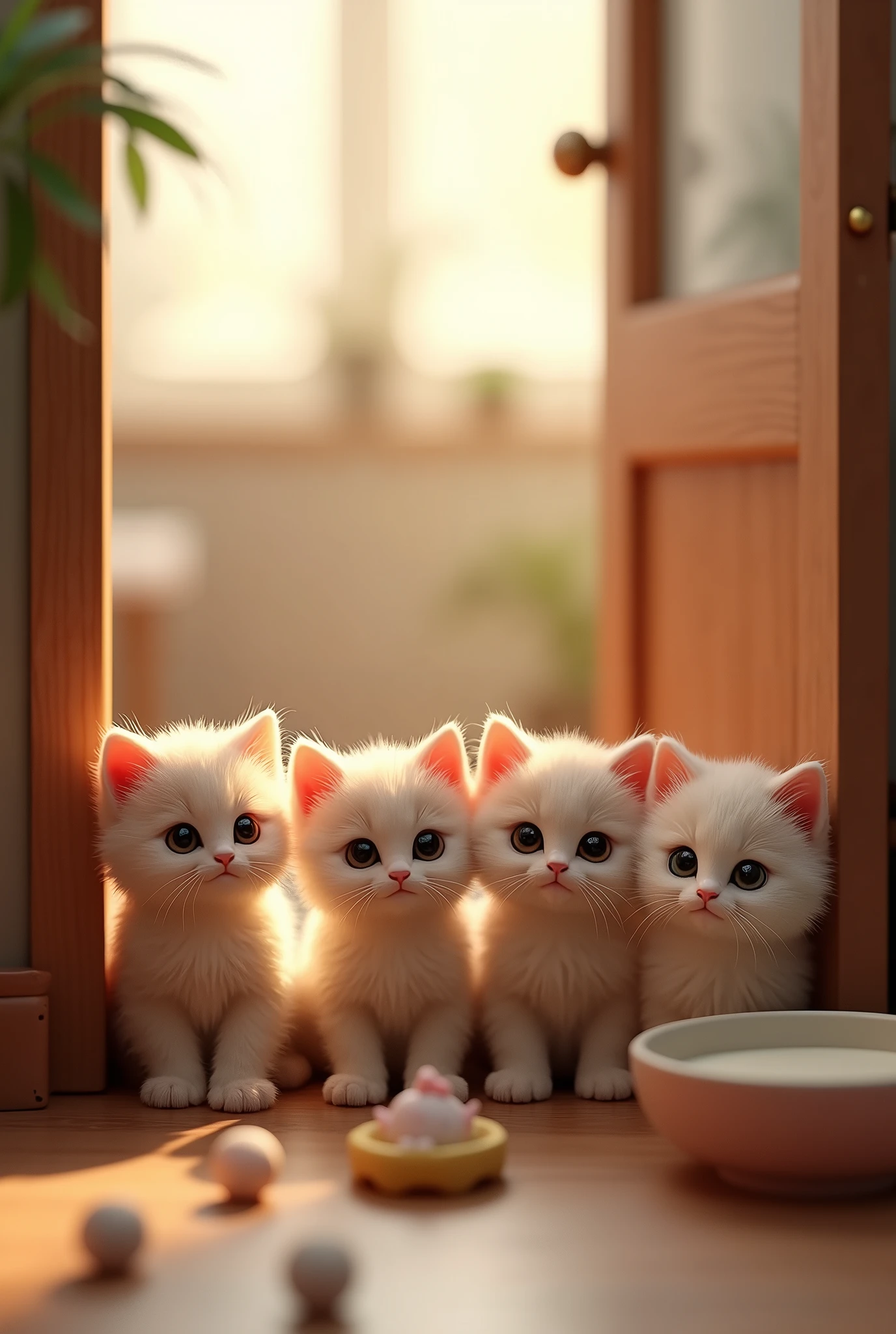 Four adorable, fluffy kittens with big, innocent eyes are sitting together in a cozy corner of a home. Their tiny tummies are rumbling with hunger, and they look eagerly at the door, as if planning their next adventure. The room is warm with soft lighting, toys scattered around, and a bowl of milk that's empty, indicating their need for food. In create a 3d style