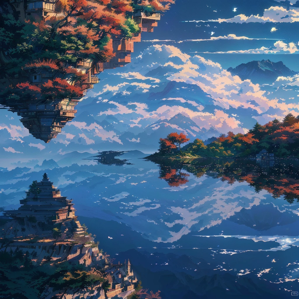 there is a picture of a mountain with a lake in it, 4k highly detailed digital art, floating mountains, 4k detailed digital art, detailed scenery —width 672, 4 k hd wallpaper very detailed, beautiful detailed pixel art, detailed dreamscape, island floating in the sky, 8k high quality detailed art, floating island in the sky, incredibly high detailed, makoto shinkai cyril rolando, cyril rolando and goro fujita, amazing wallpaper, island floating in the sky, dream scenery art, inspired by Cyril Rolando, cyril rolando and m.w kaluta, cyril rolando and m. w kaluta
