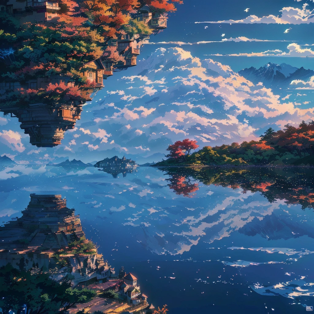 there is a picture of a mountain with a lake in it, 4k highly detailed digital art, floating mountains, 4k detailed digital art, detailed scenery —width 672, 4 k hd wallpaper very detailed, beautiful detailed pixel art, detailed dreamscape, island floating in the sky, 8k high quality detailed art, floating island in the sky, incredibly high detailed, makoto shinkai cyril rolando, cyril rolando and goro fujita, amazing wallpaper, island floating in the sky, dream scenery art, inspired by Cyril Rolando, cyril rolando and m.w kaluta, cyril rolando and m. w kaluta