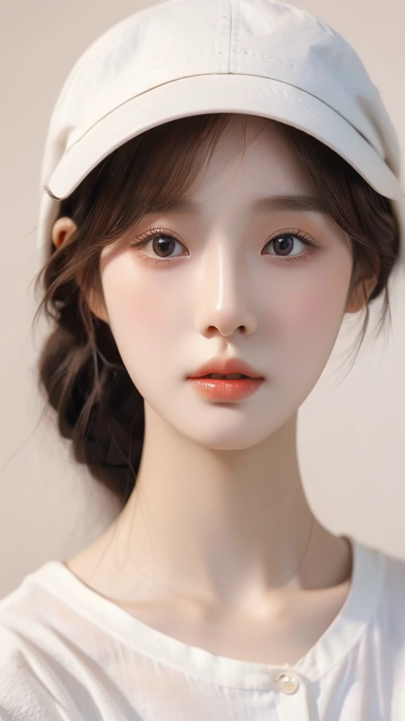 a close up of a woman wearing a white hat and a white shirt, ulzzang, young adorable korean face, girl cute-fine-face, korean girl, popular south korean makeup, beautiful south korean woman, gorgeous young korean woman, with round face, popular korean makeup, beautiful smooth oval head, with cute - fine - face, beautiful young korean woman