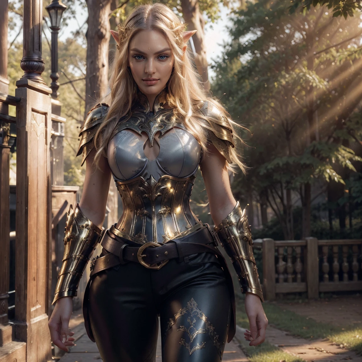 (Best Quality), (ultra-detailliert), (master piece), (hight resolution), (Original), (the Extremely Detailed CG Unity 8K Wallpapers), [:(Face detail: 1.4): 0.4], 16K resolution, 1 girl, 18 years young, medieval setting, (elven featured face, small beautiful elven ears, beautiful light blue eyes, long blond hair), (golden armor, black leather pants with golden armor-plating, golden elven warrior armor, golden armguards, elven design), white bra is revealed under armor, smirks, sassy smile, seductive, lustful facial expression, (oak forest, giant oak tree, detailed forest in background, sunset background, bright lights, brightly lit), skintight armor, wearing golden necklace, beautiful golden braclets, knik hips, slim waist, slim body, wears wide golden hip belt with golden buckle, hip belt is adjusted too tightly, hip belt cuts into waist, looks at camera, close up portrait, close up shot, brightly lit, sunshine, plays with hair