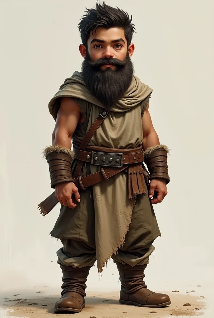 "A young boy with a beard stands confidently. Despite his youthful appearance, he exudes a warrior-like attitude. He wears simple, rugged clothing, embodying both strength and humility. His expression is determined, and his posture reflects readiness and resolve.