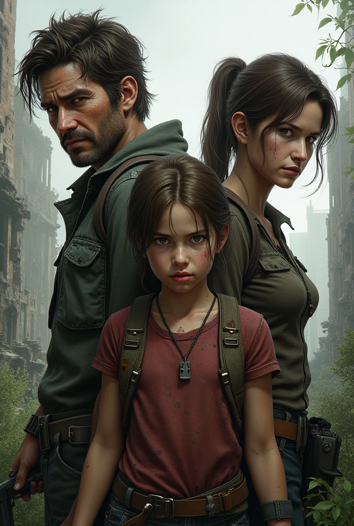 Generate me an image of the cover of a book about the last of us where 4 characters named Nick, 28 years old, appear, girl, Ellie, 17, and Joe 30