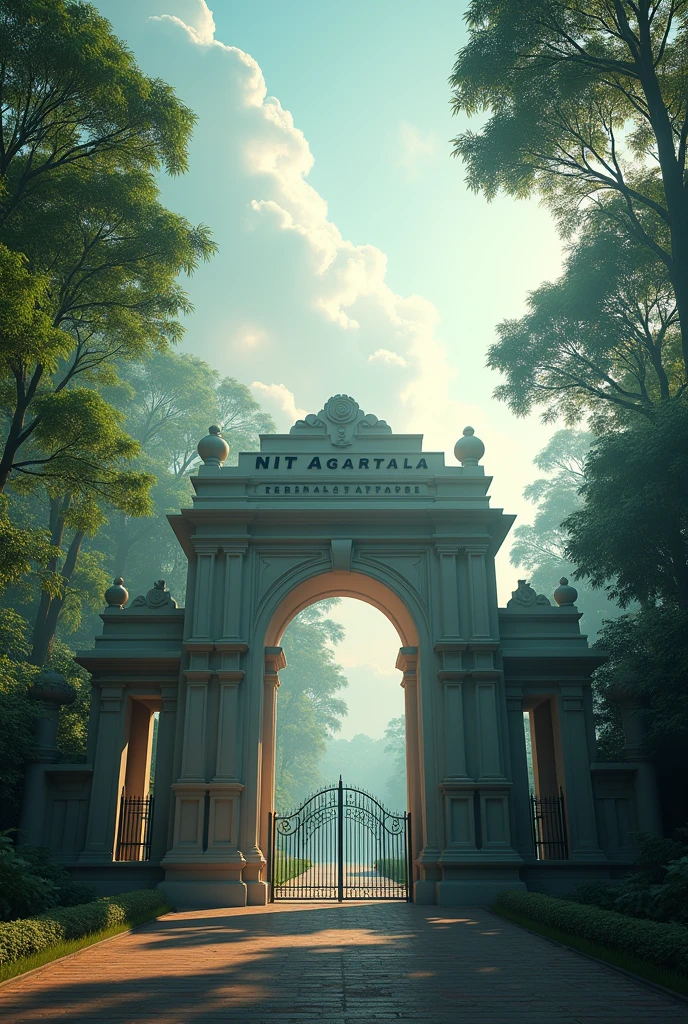 Entrance gate of nit Agartala with cinematic cloud and trees giving nature vibes .Nit Agartala written on it