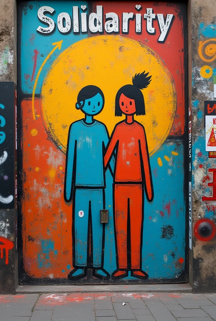 A mural on the theme of solidarity with very simple representative drawings and at the top the word solidarity, the whole mural in the most street style possible., remember very very simple and easy drawings, Maximum two people and add lots of colors