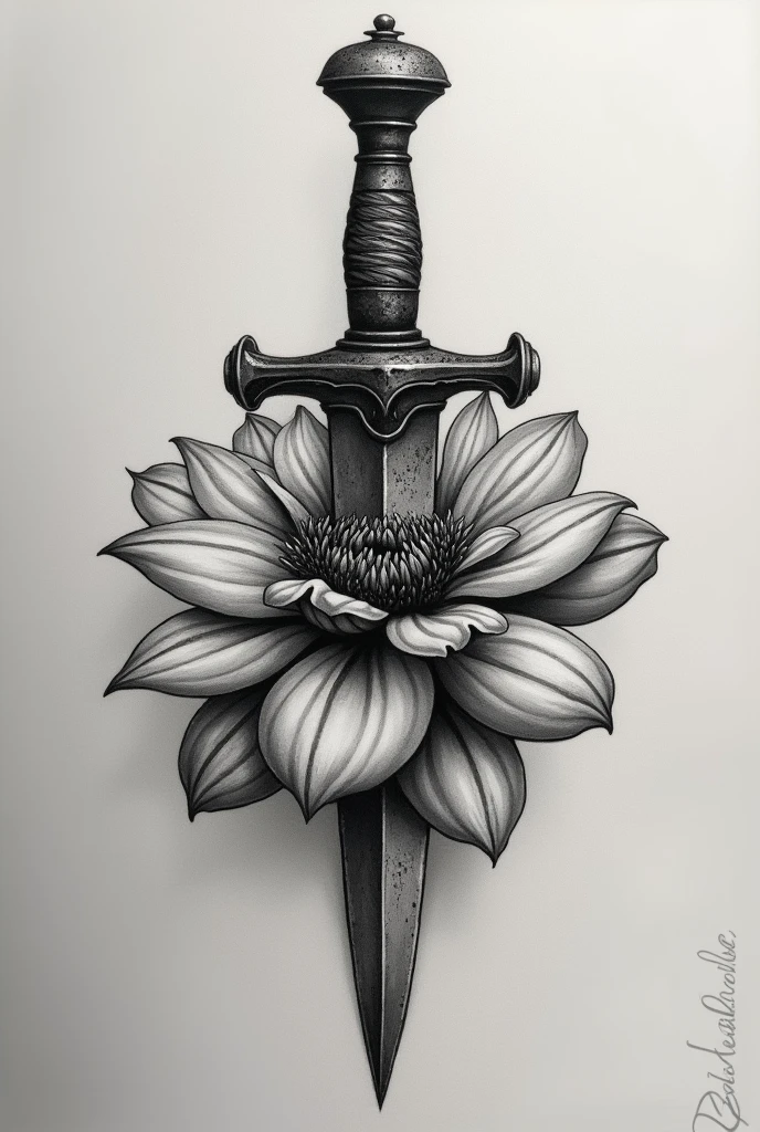 get a black and white tattoo of a rustic dagger small through a flower, add lots of shading