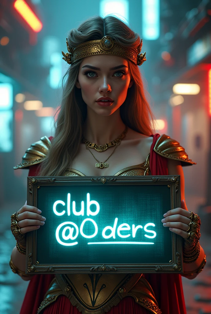 a greek goddess named Athena holding a sign that says "Club @C0ders", intricate detailed portrait, highly detailed, 8k, hyperrealistic, volumetric lighting, dramatic cinematic lighting, dramatic lighting, digital art, concept art, artstation, by artgerm and greg rutkowski and lois van baarle, elegant, beautiful, detailed eyes, detailed lips, extremely detailed face, long eyelashes, flowing hair, ornate armor, mythological figure, computer programming, futuristic background, neon lights, glowing neon, sci-fi elements, complex background, intricate details, photorealistic, masterpiece, best quality