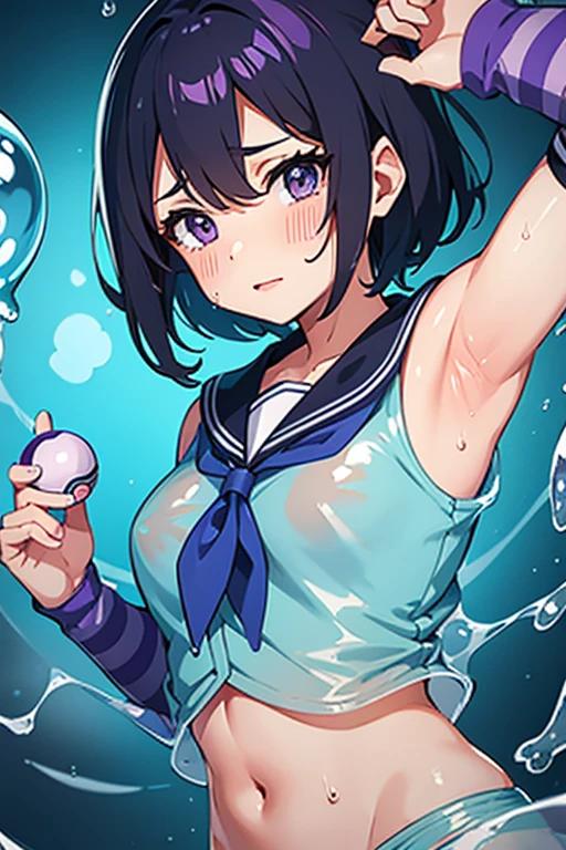 Striped, undressed Sailor Mercury covered in translucent slime and sweat
Purple slime pouring down、Striped Pokémon trainer holding a Pokéball