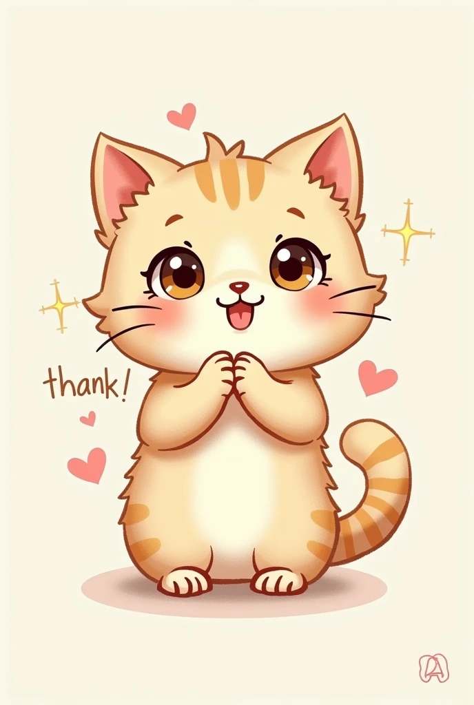 Make a cute cat stamp 2. thank you

	•	デザイン: A cat expressing gratitude with its hands together。Eyes sparkling。
	• Phrases: 「thank you」、「Thanks!」