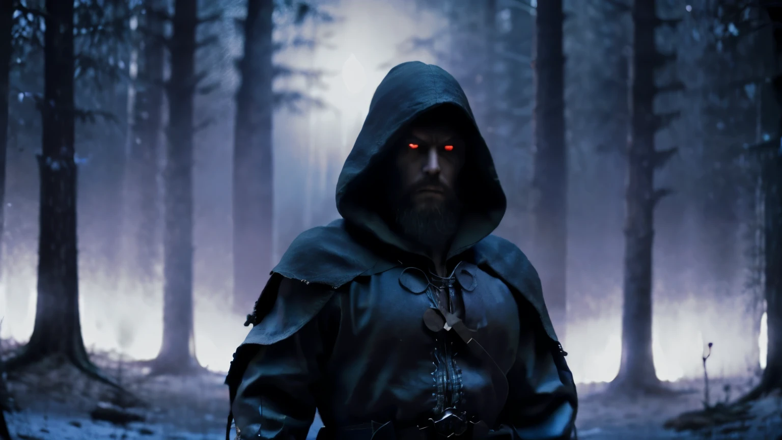 The mystic night stalker male character, called 'The Twilight Stalker', has a short beard and glowing white eyes in the dark like lights, and wear a hood similar to the hero from Assassin Creed, Robin Hood type look. The scene is very dark at nighttime in a forest near a village with the overall tone mysterious and shadowy. 